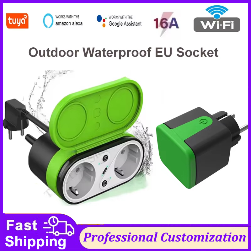 Timer Dual Outlet - Tuya EU 16A Wifiスマート屋外プラグスイッチソケットIP44防水スマートダブルソケットタイマーAPP音声制御 Alexa Google対応